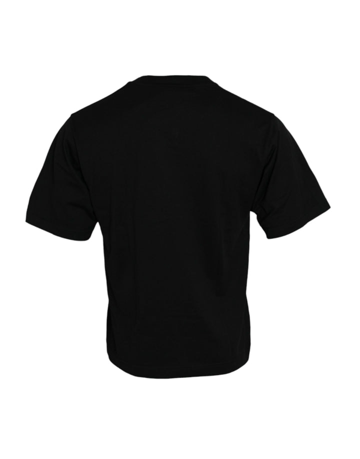 Schwarzes T-Shirt mit Rundhalsausschnitt aus Baumwolle mit Verzierungen