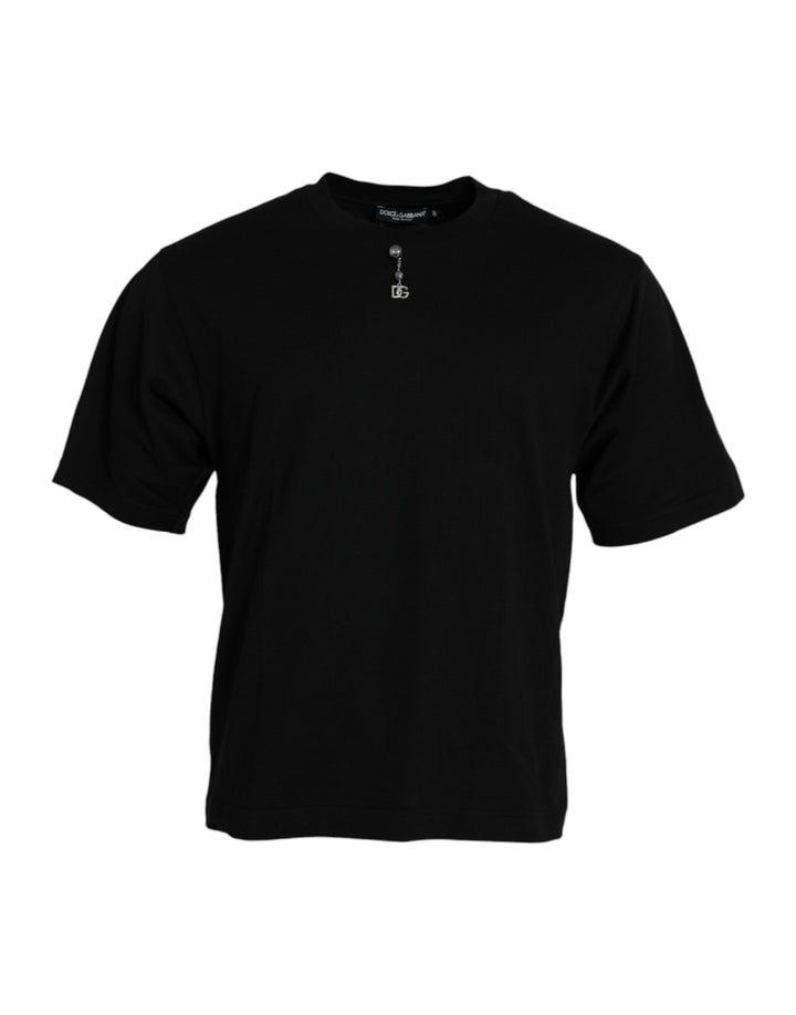 Schwarzes T-Shirt mit Rundhalsausschnitt aus Baumwolle mit Verzierungen