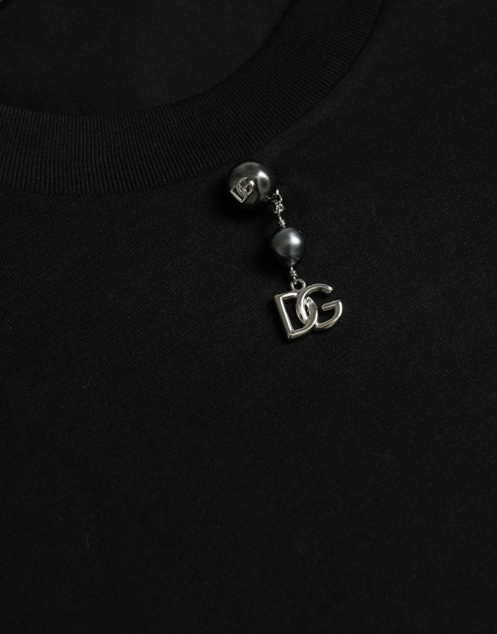 Schwarzes T-Shirt mit Rundhalsausschnitt aus Baumwolle mit Verzierungen