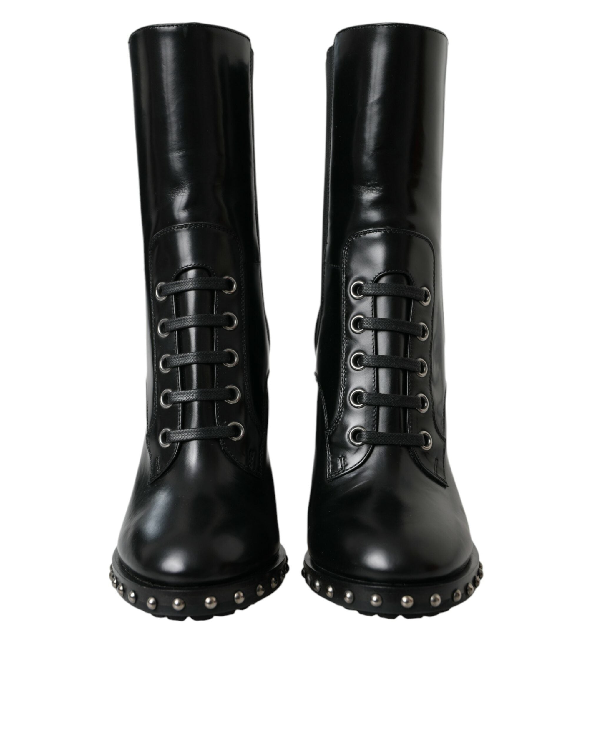 Black leather studded lace-up boots shoes