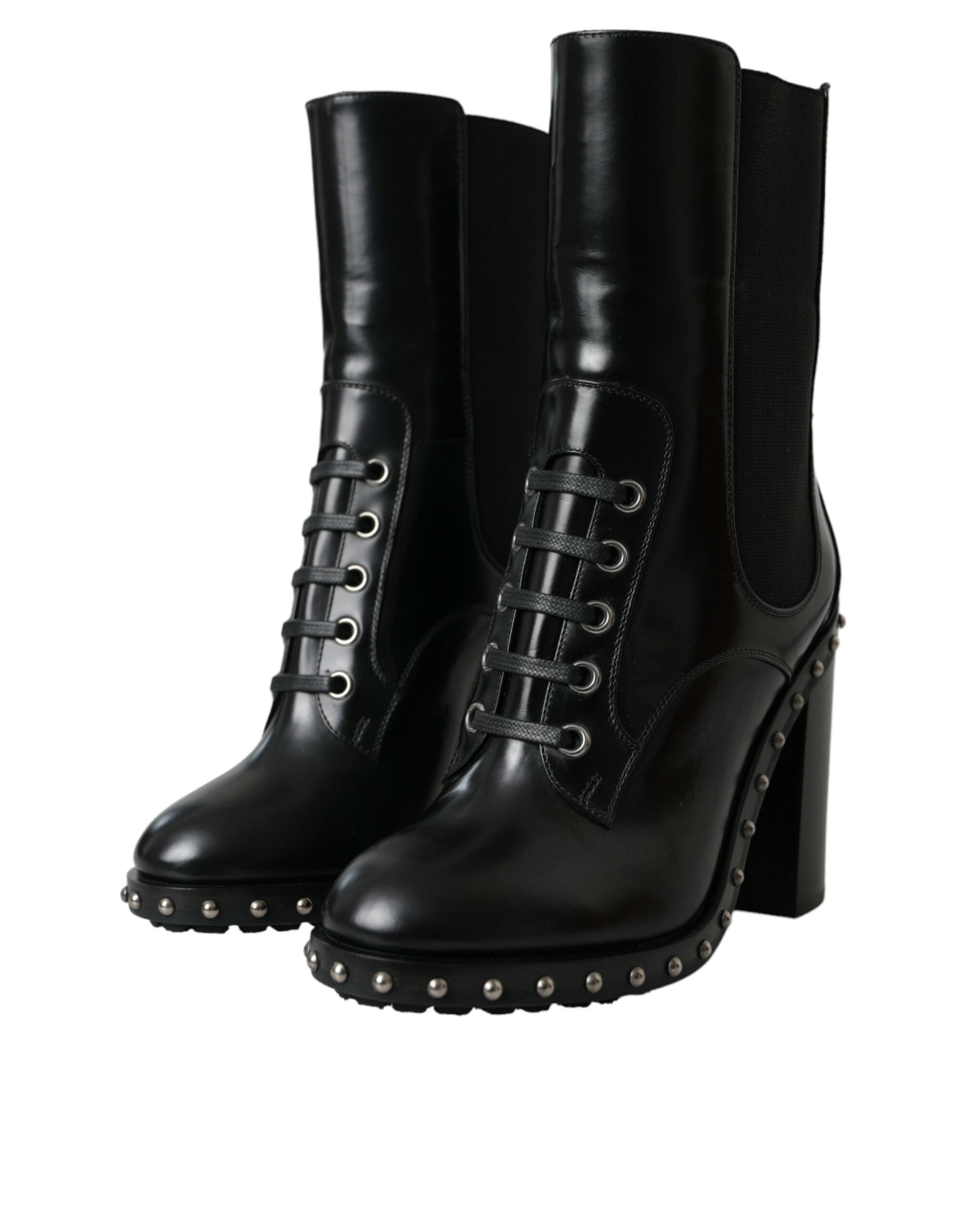 Black leather studded lace-up boots shoes