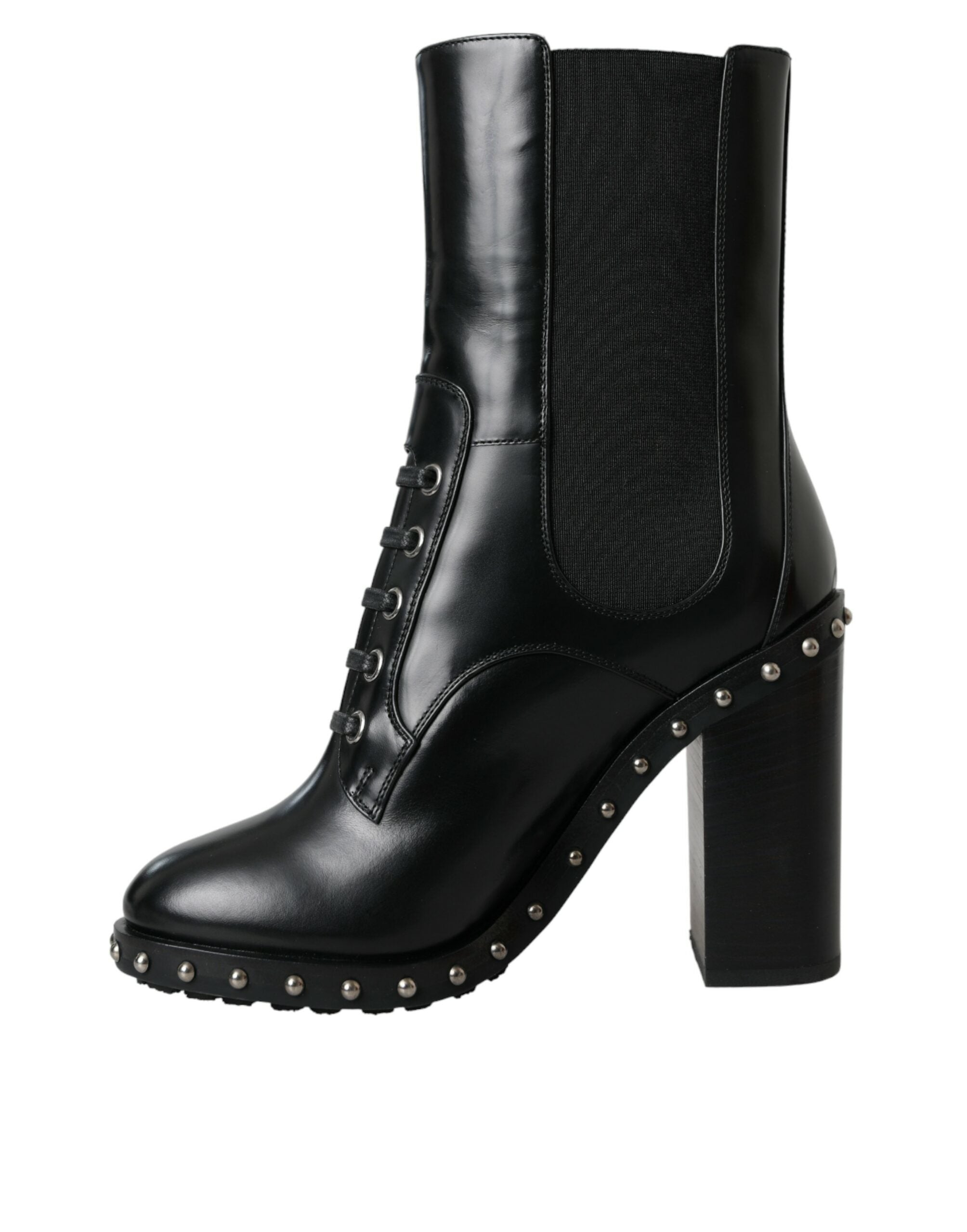 Black leather studded lace-up boots shoes