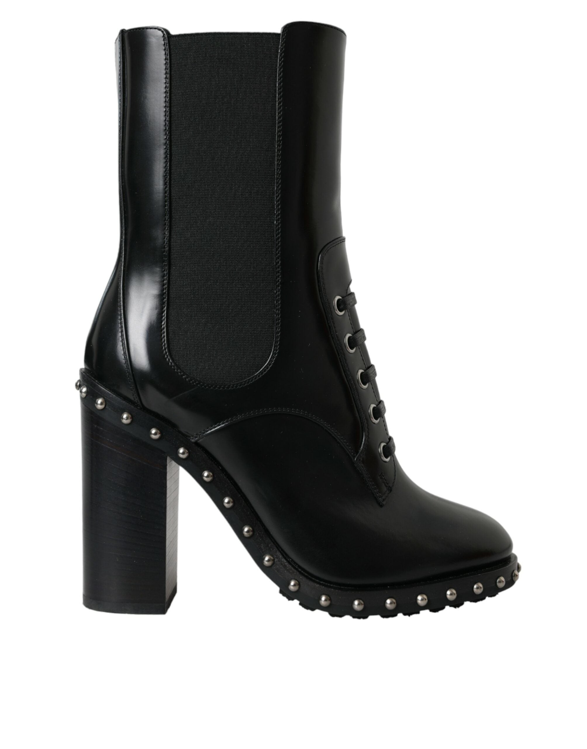 Black leather studded lace-up boots shoes