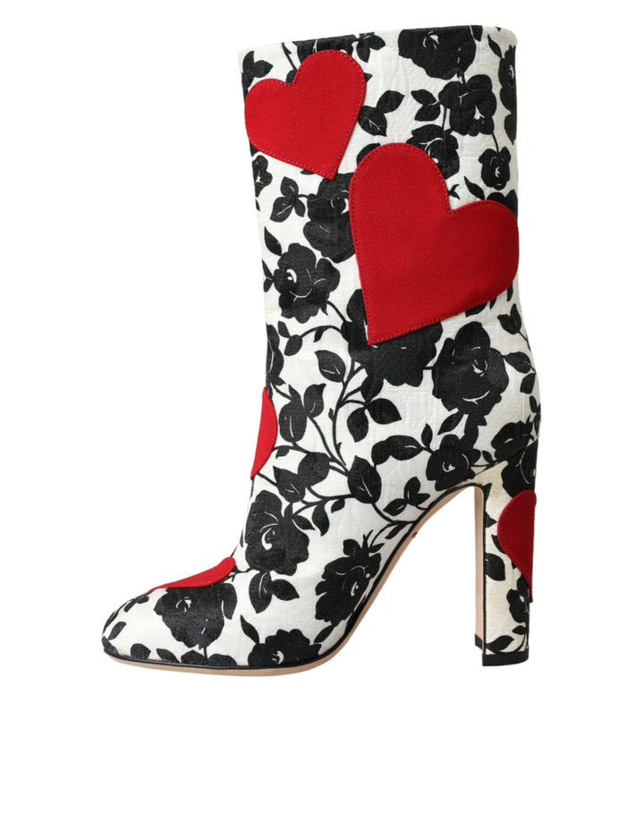 Dolce & Gabbana Weiße Floral Herzen Leder Hohe Stiefel Schuhe