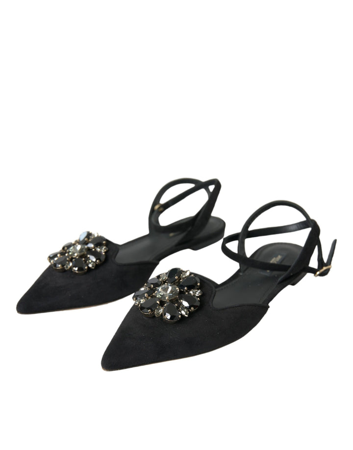 Dolce & Gabbana Schwarzes Leder Kristall Slingback Sandalen Schuhe