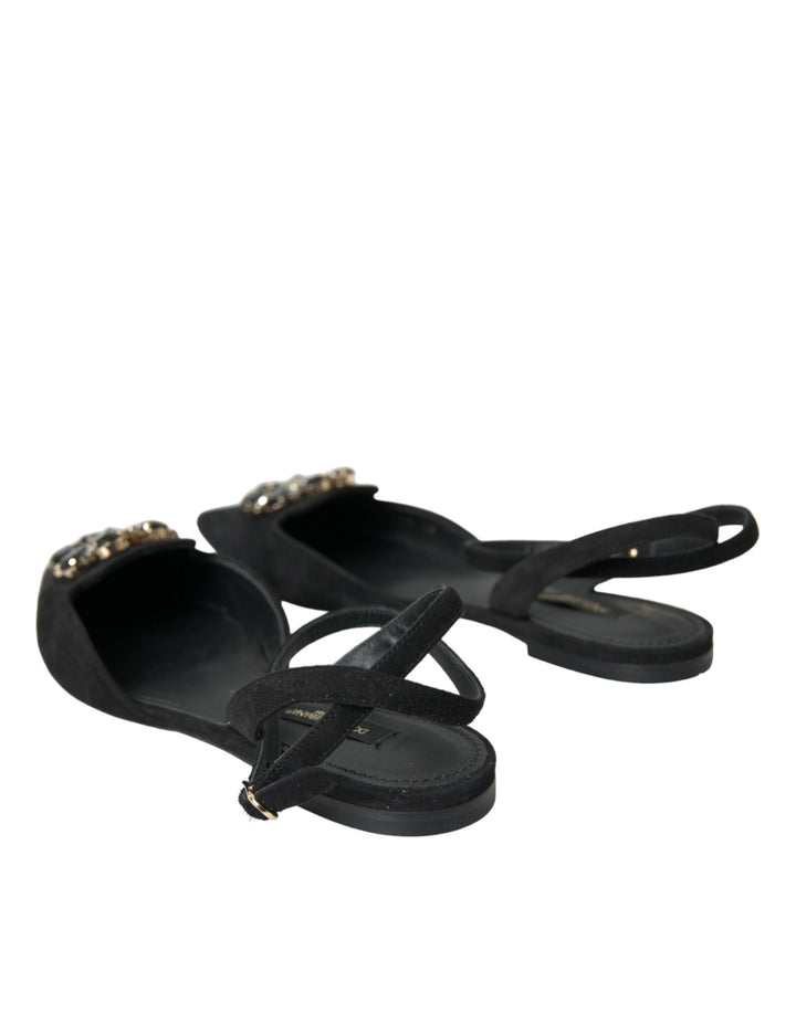 Dolce & Gabbana Schwarzes Leder Kristall Slingback Sandalen Schuhe