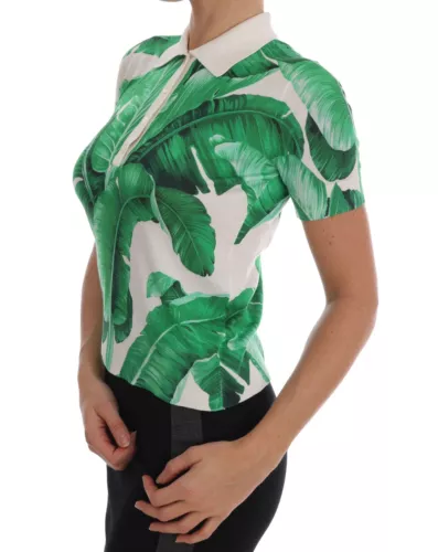 Grünes Seiden-Polo-T-Shirt mit Bananendruck