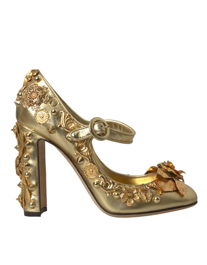 Gold Leder Kristall Mary Janes Pumps Schuhe