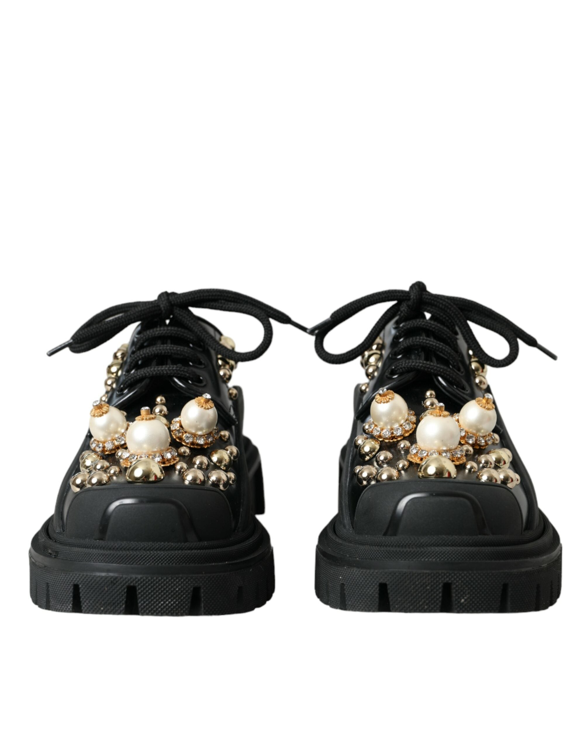 Black leather trekking derby embellished shoes