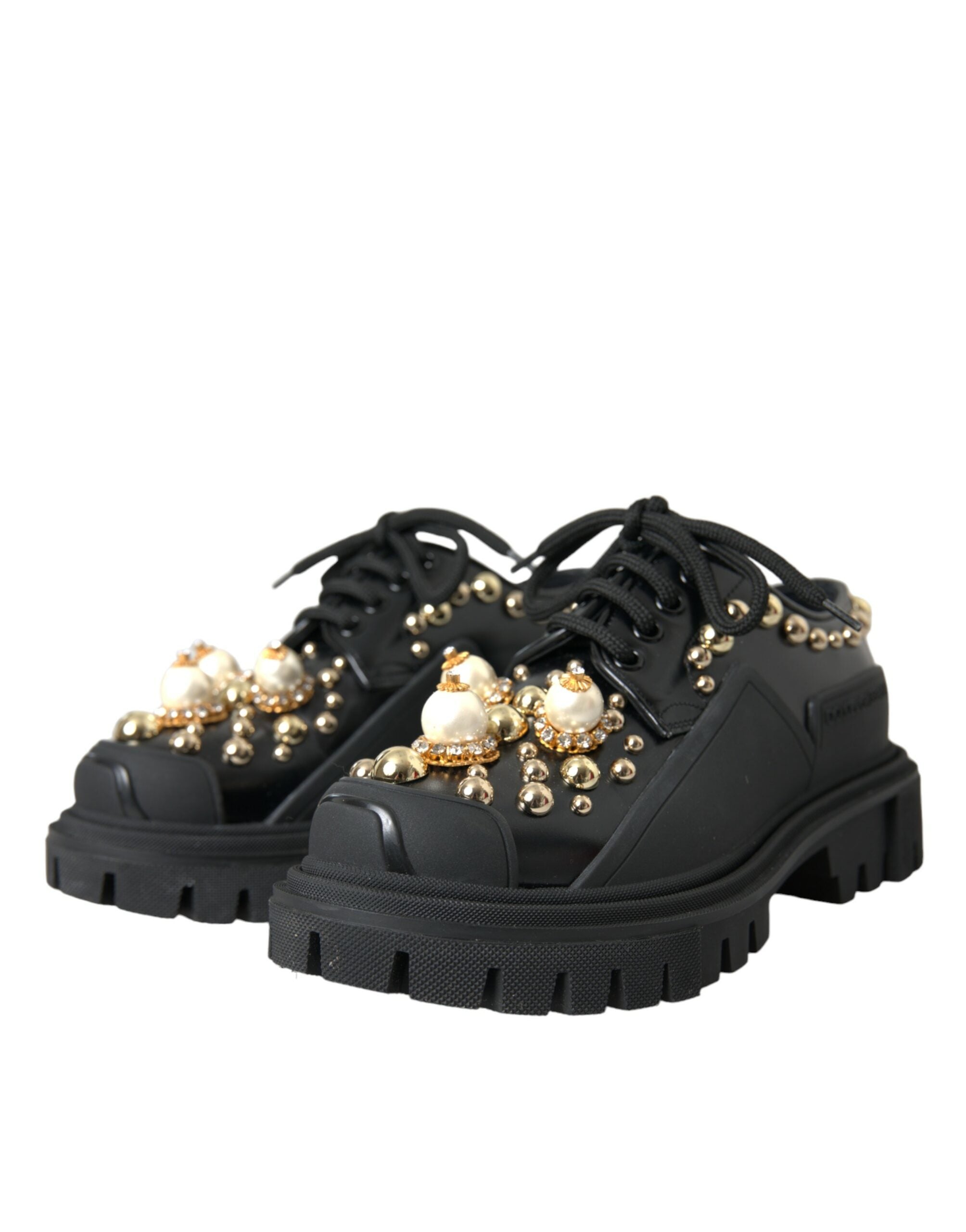 Black leather trekking derby embellished shoes