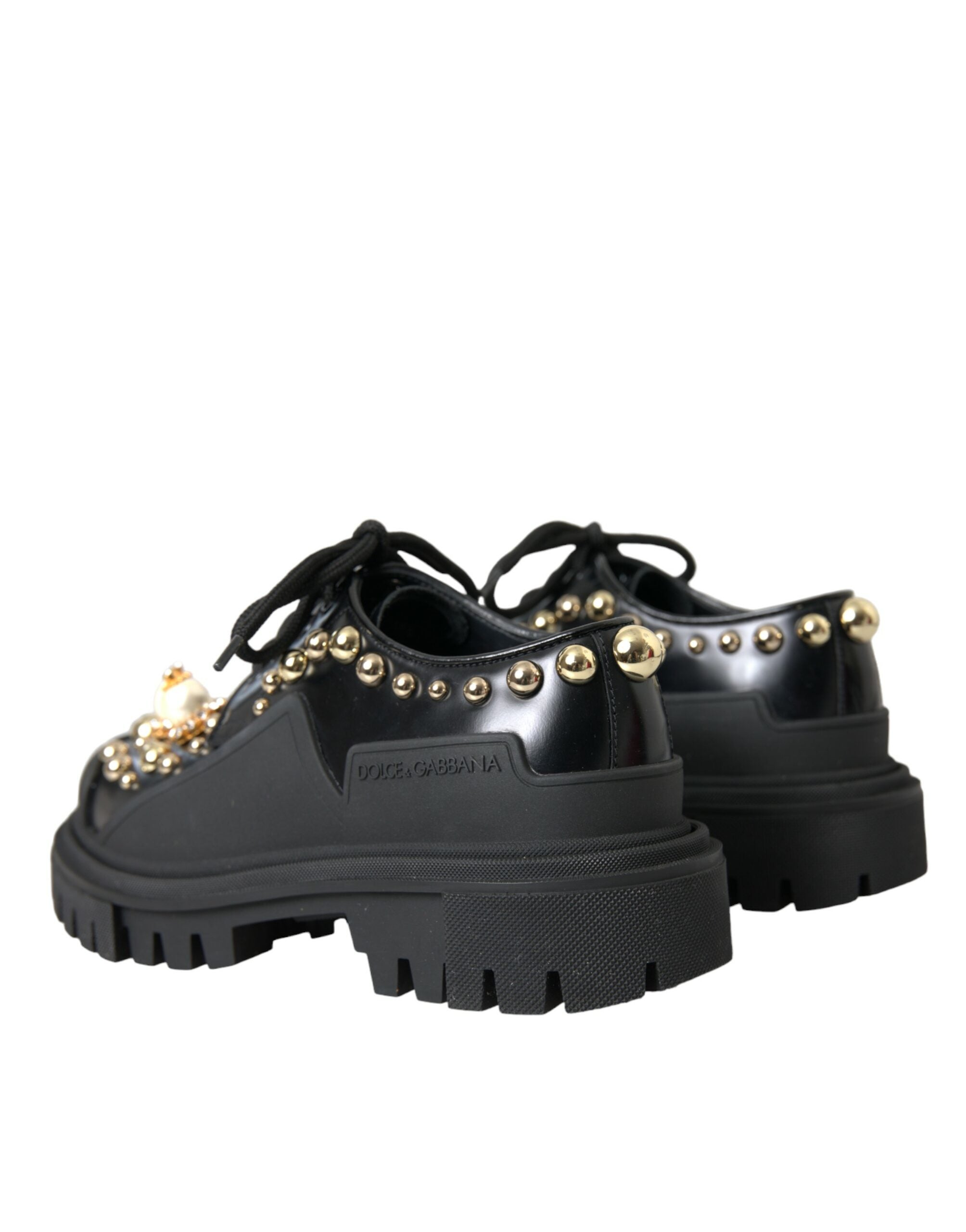Black leather trekking derby embellished shoes
