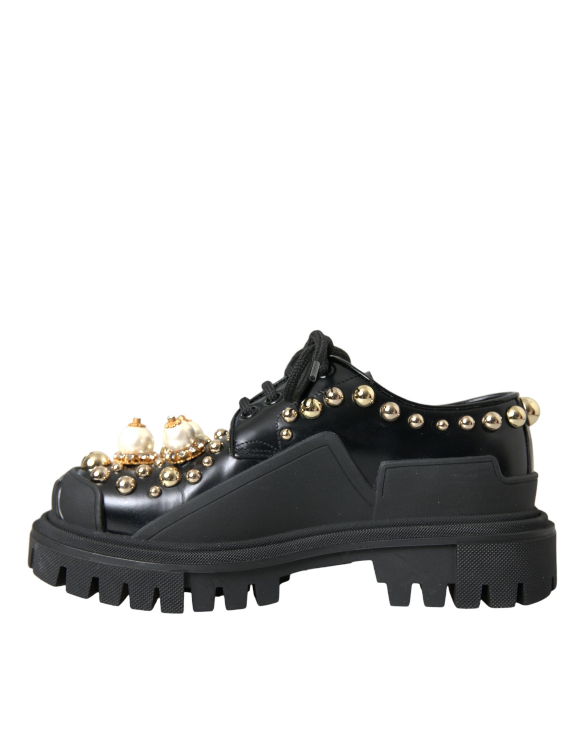 Black leather trekking derby embellished shoes