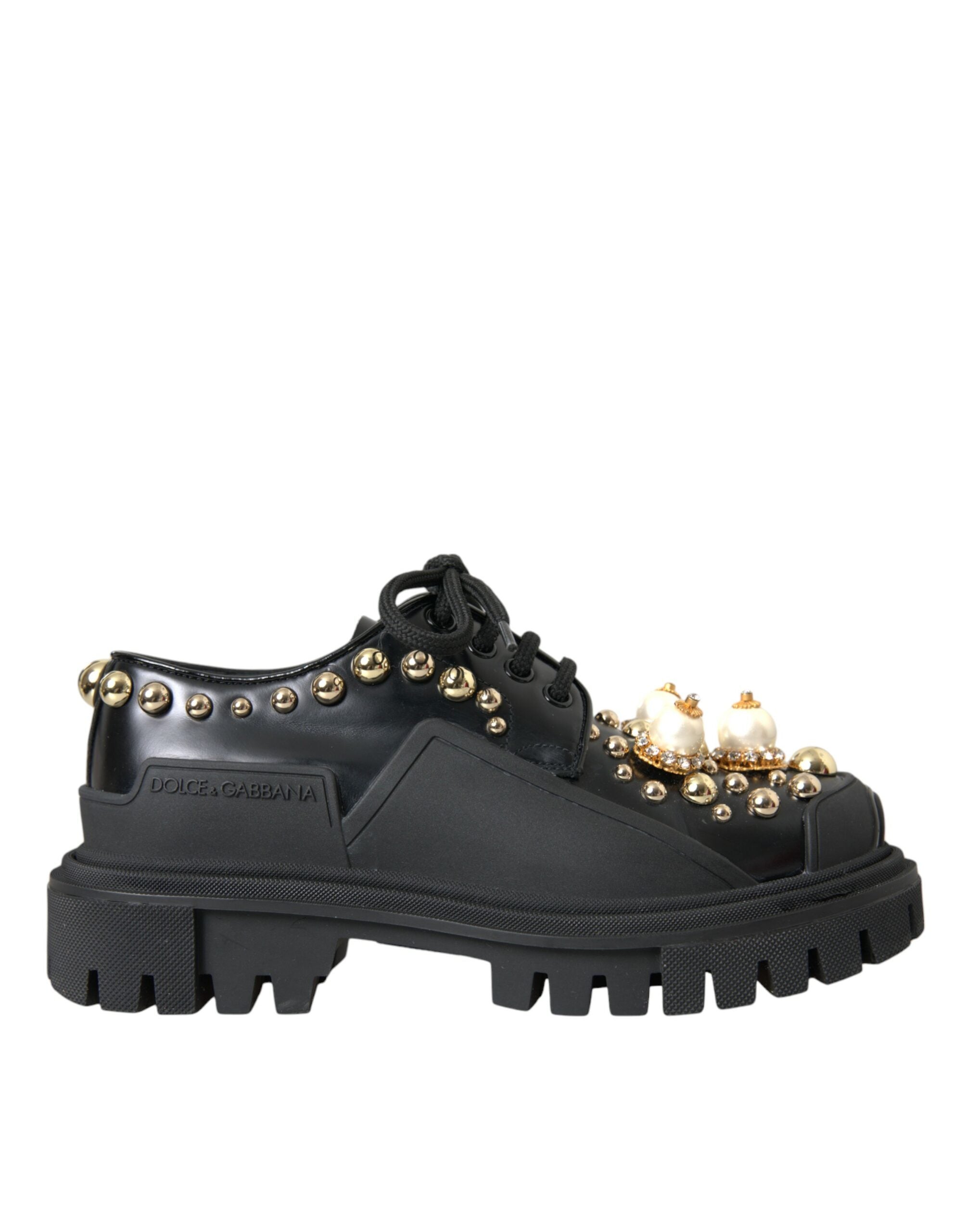 Black leather trekking derby embellished shoes