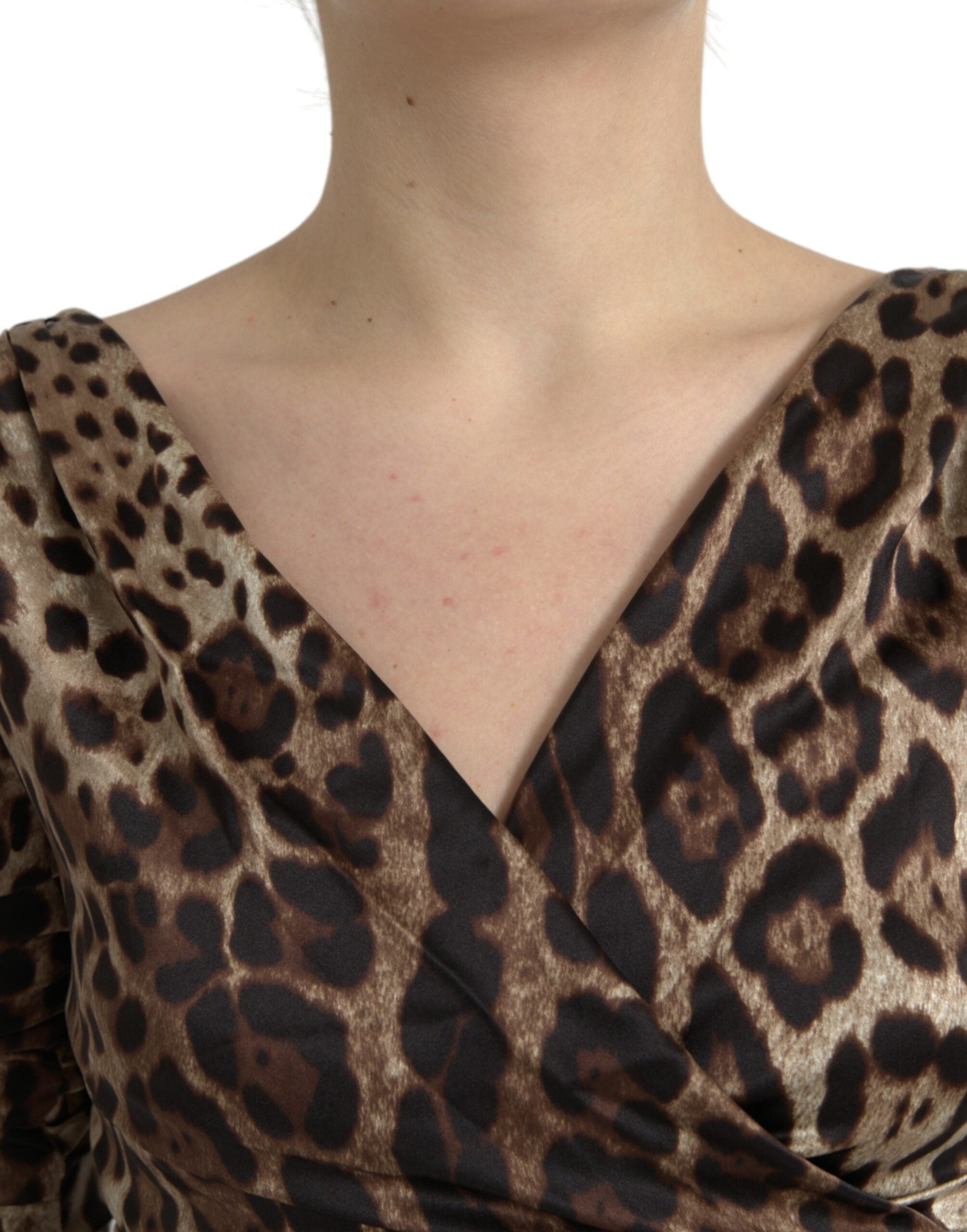Brown leopard print bodycon midi dress with V-neck