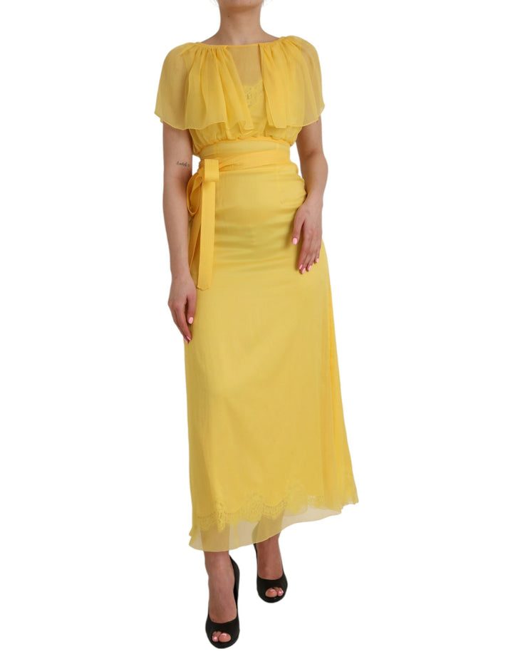Yellow silk coat dress with belt Long maxi dress