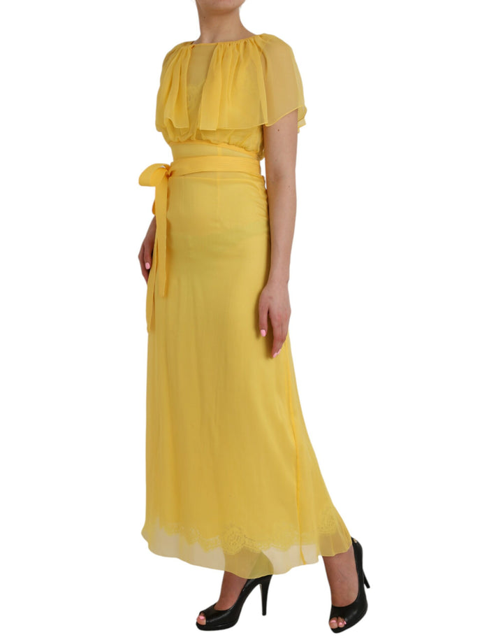 Yellow silk coat dress with belt Long maxi dress