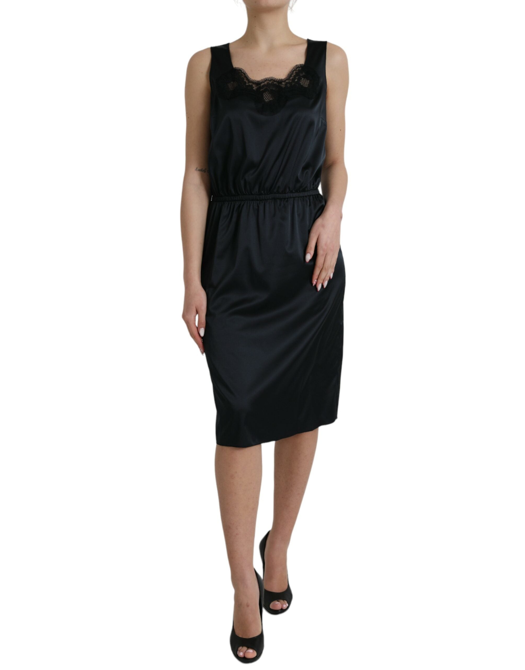 Black polyester midi dress with lace trim