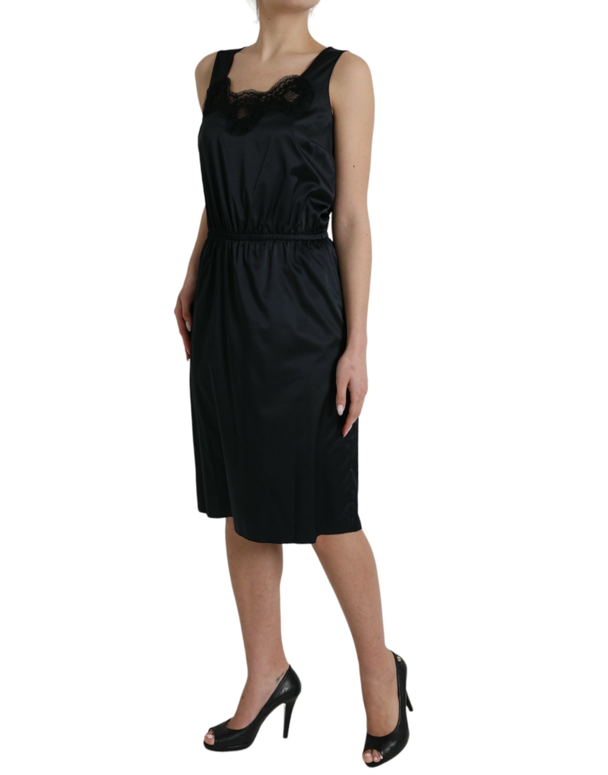Black polyester midi dress with lace trim