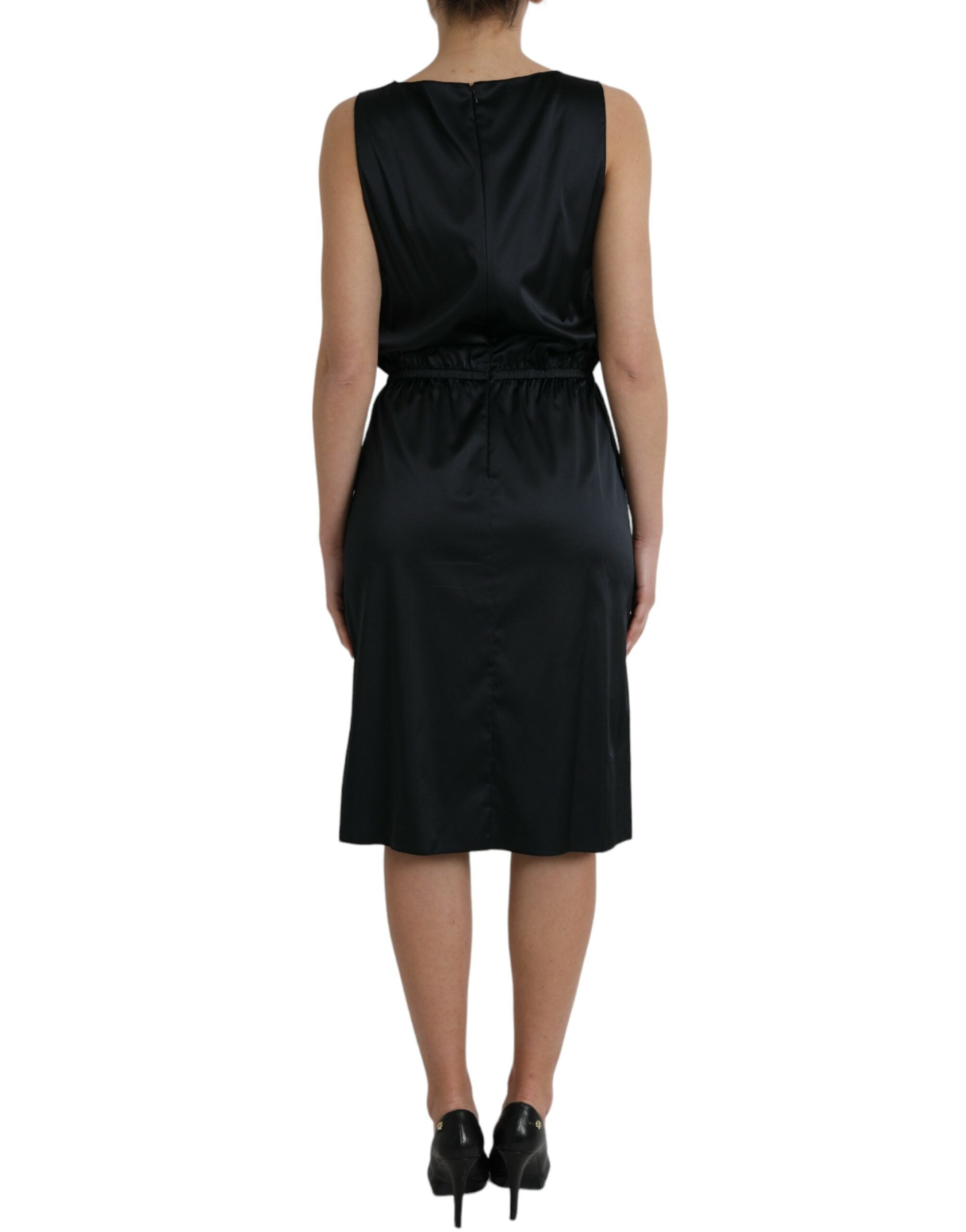 Black polyester midi dress with lace trim