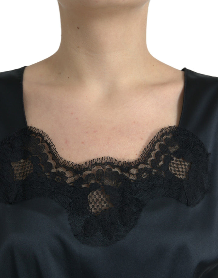 Schwarzes Polyester-Midikleid mit Spitzenbesatz