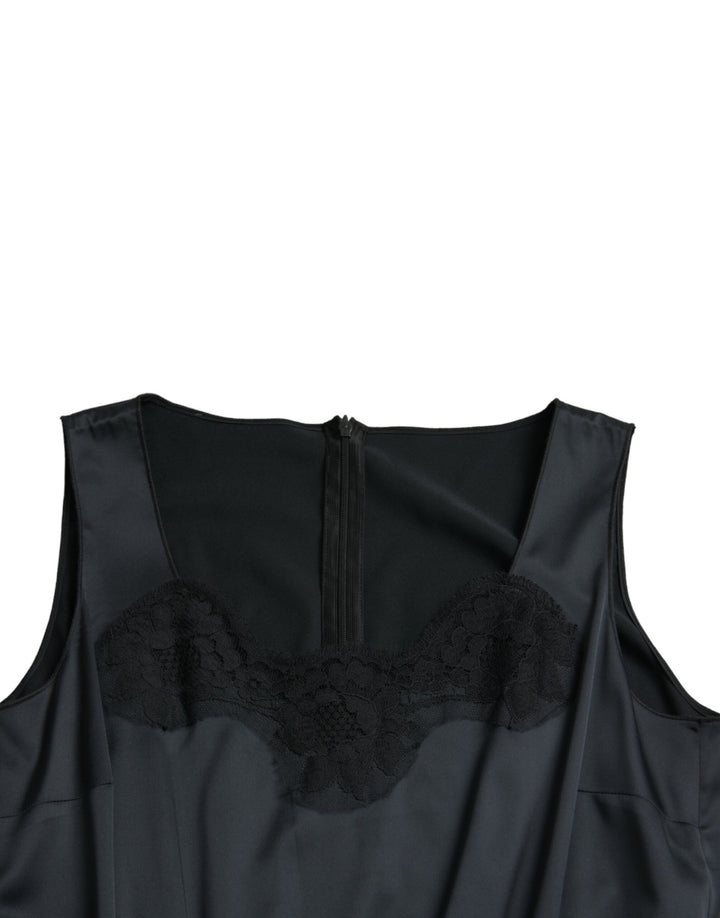 Schwarzes Polyester-Midikleid mit Spitzenbesatz