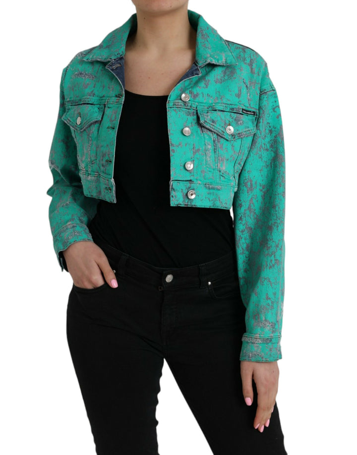 Green Cotton Tie Dye Cropped Denim Jacket