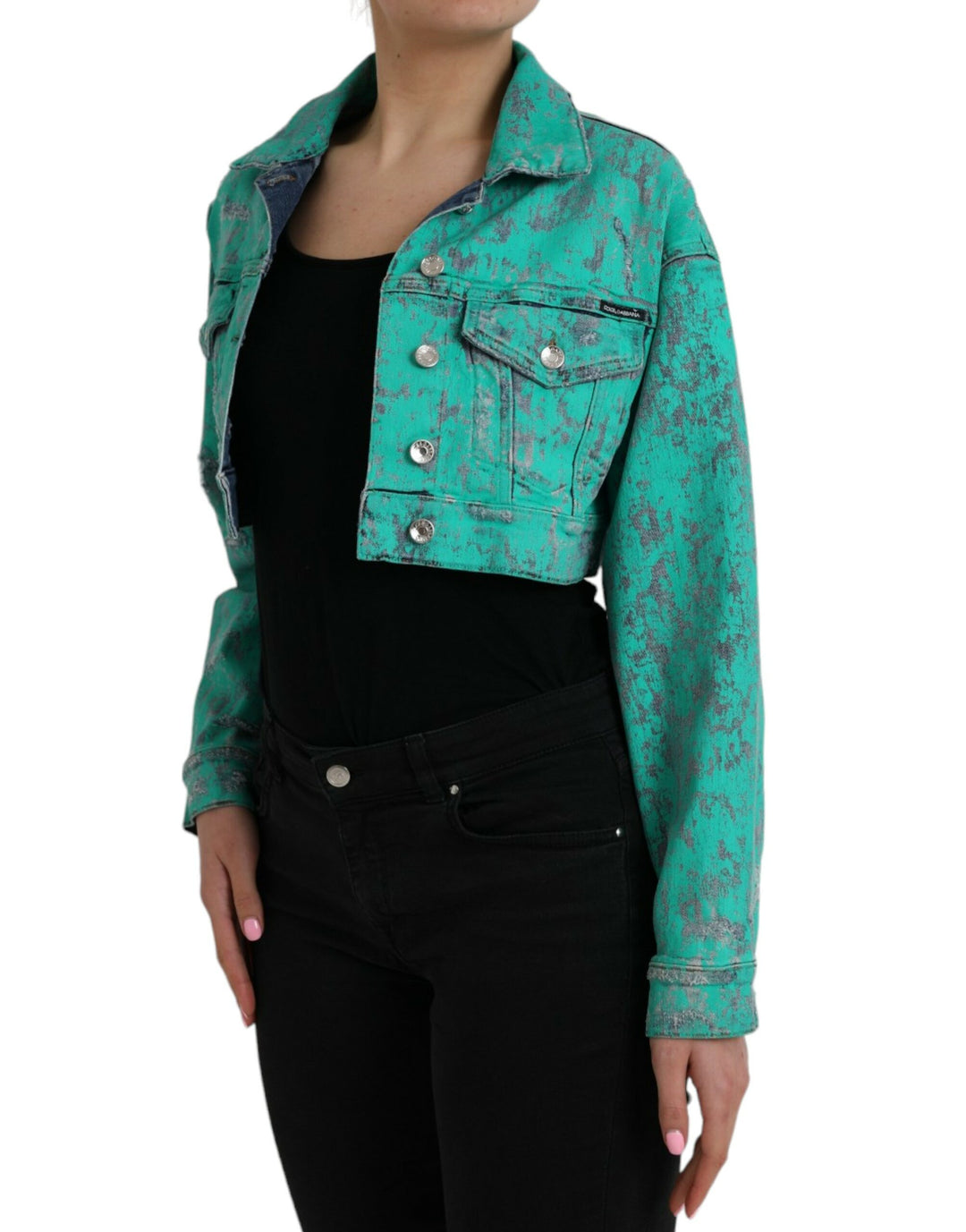 Green Cotton Tie Dye Cropped Denim Jacket