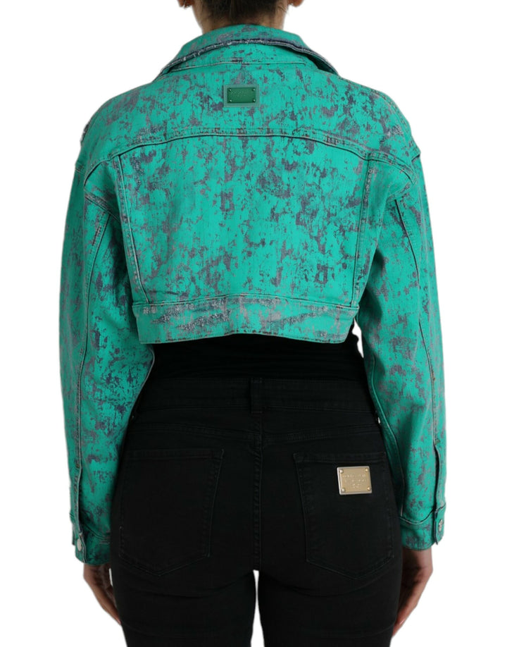 Green Cotton Tie Dye Cropped Denim Jacket
