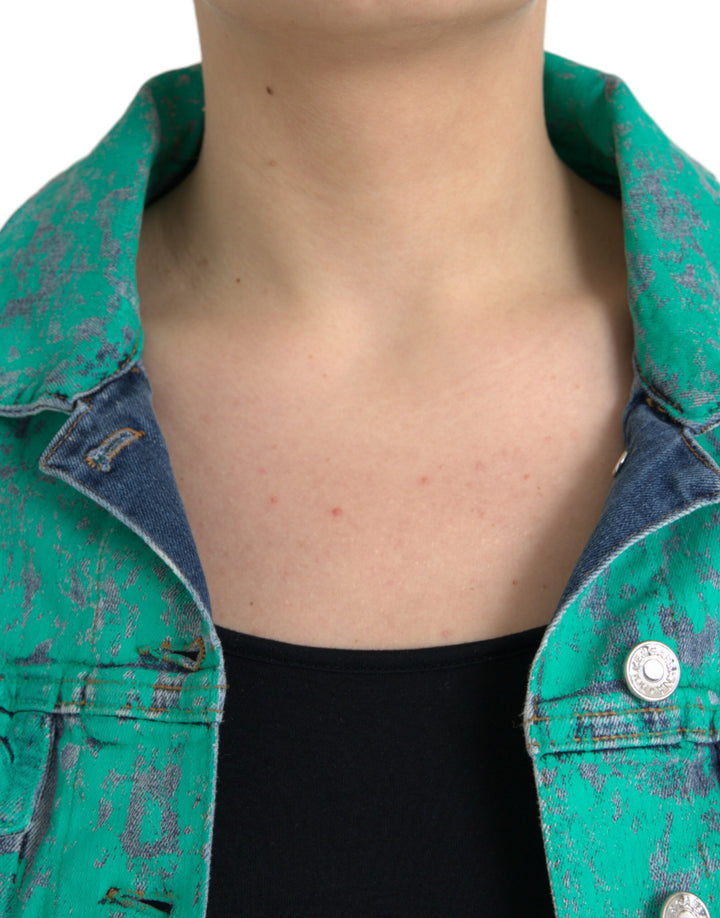 Green Cotton Tie Dye Cropped Denim Jacket