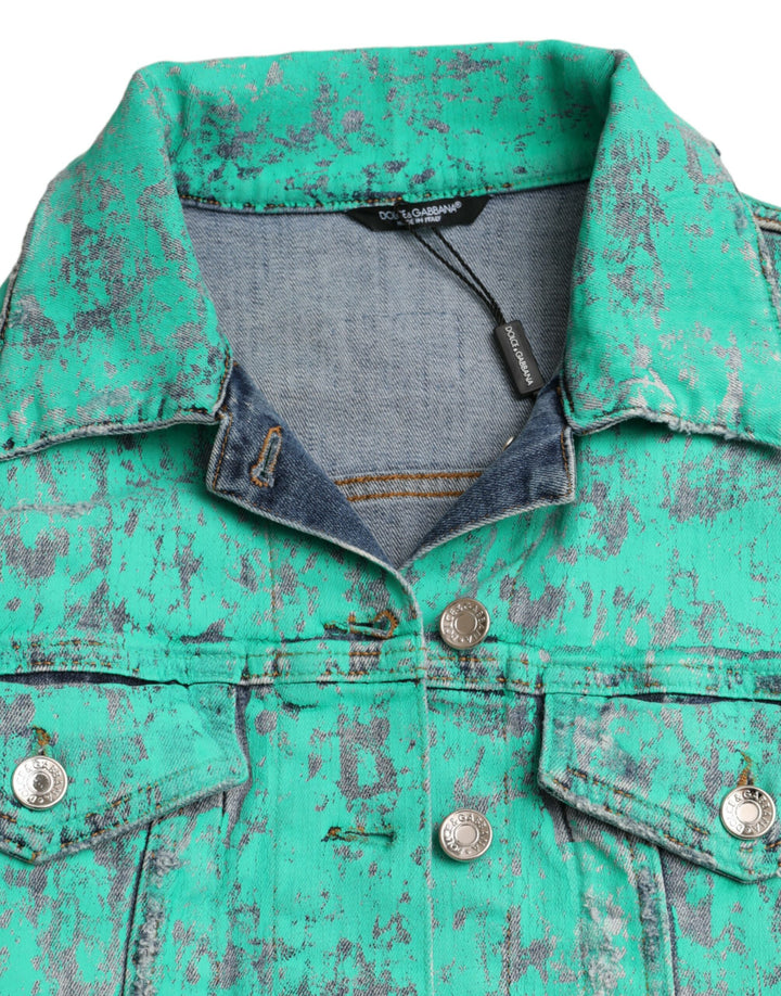 Green Cotton Tie Dye Cropped Denim Jacket