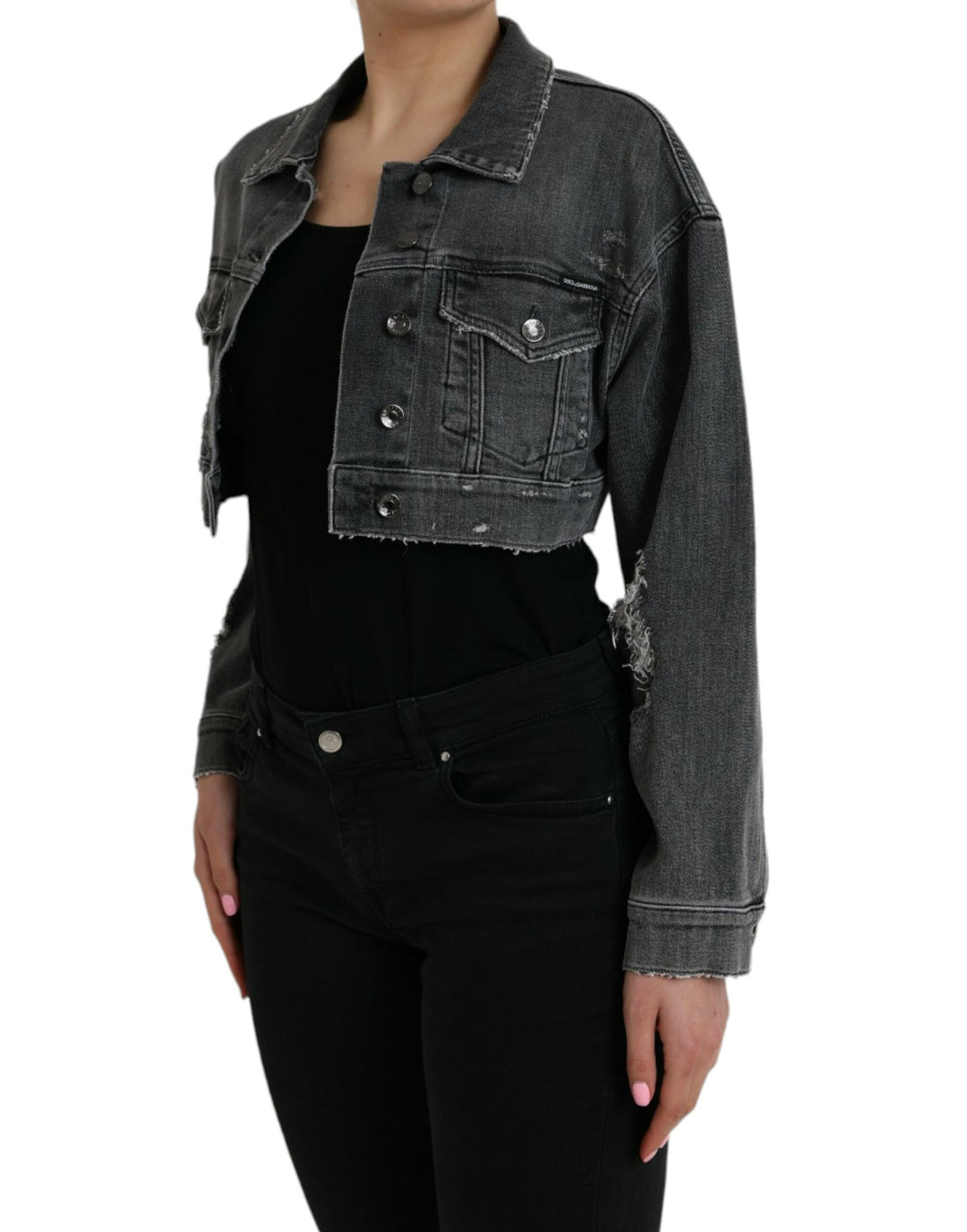 Dolce & Gabbana Dunkelgraue Baumwoll-Stretch-Cropped-Denim-Jacke