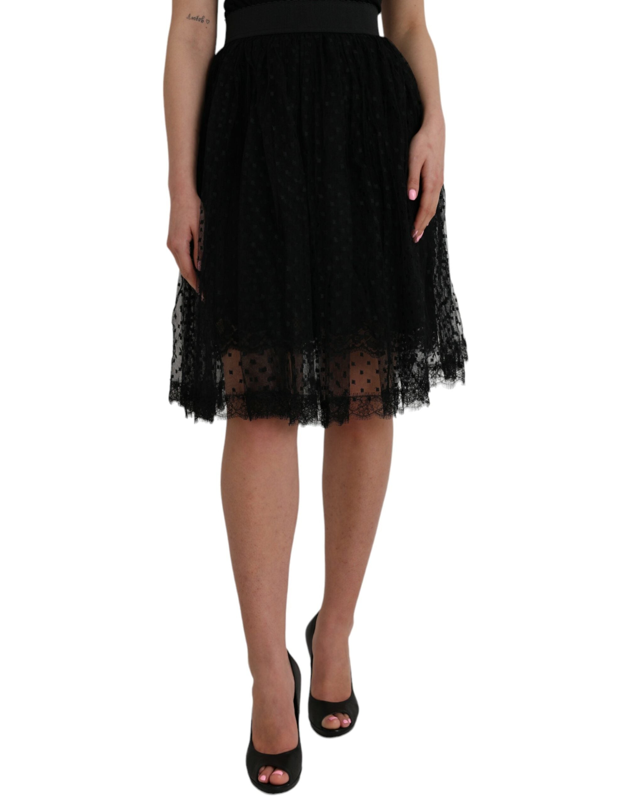 Black nylon skirt with lace trim and high waist in A-line