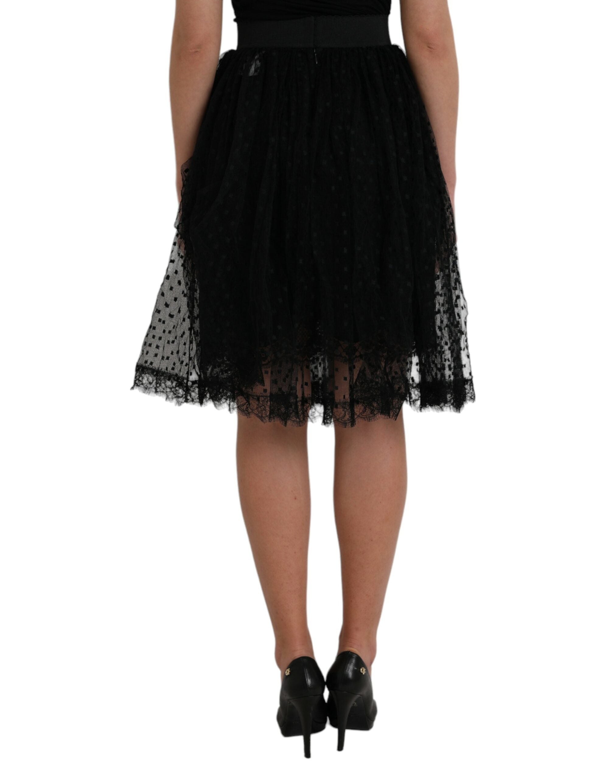 Black nylon skirt with lace trim and high waist in A-line