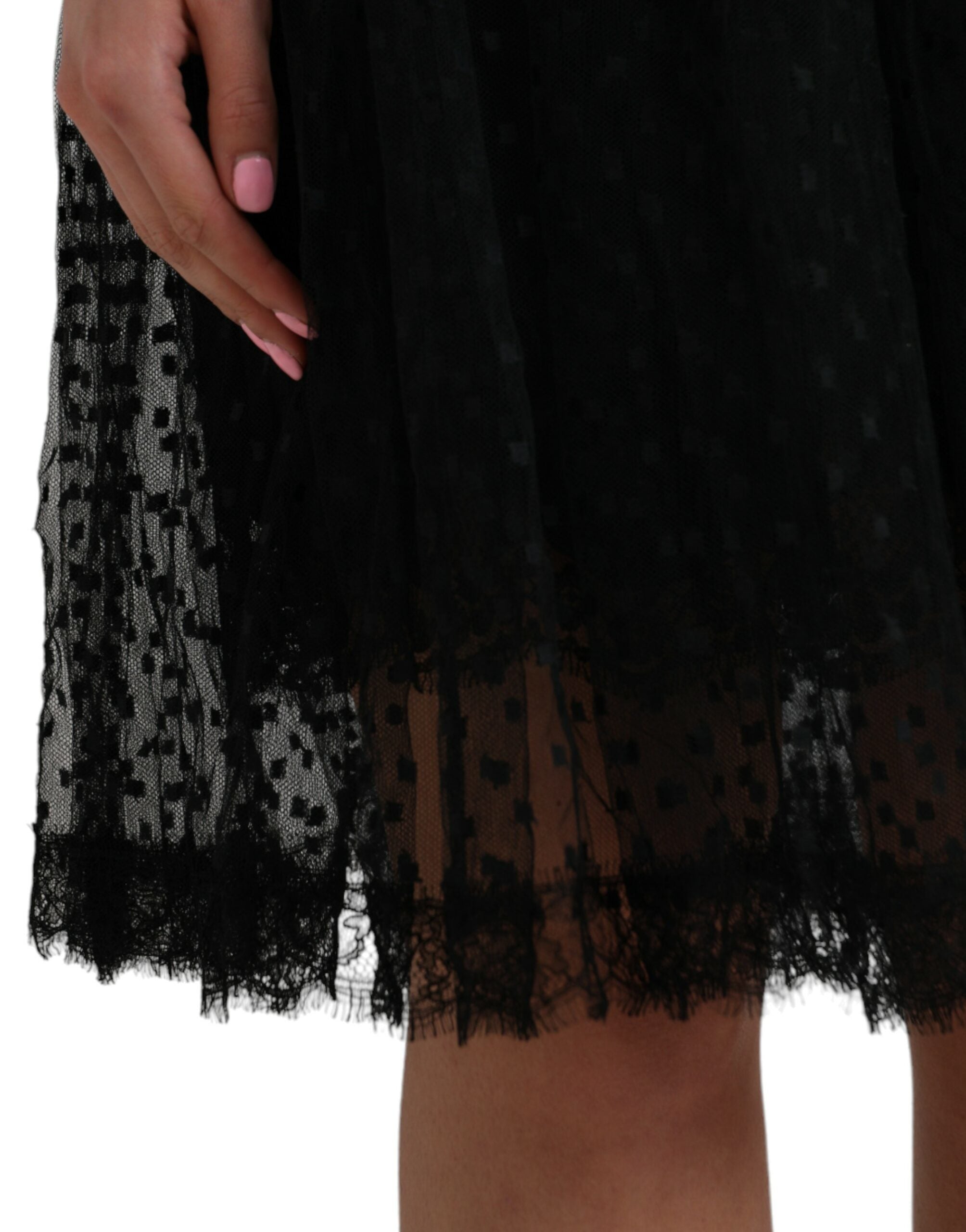 Black nylon skirt with lace trim and high waist in A-line