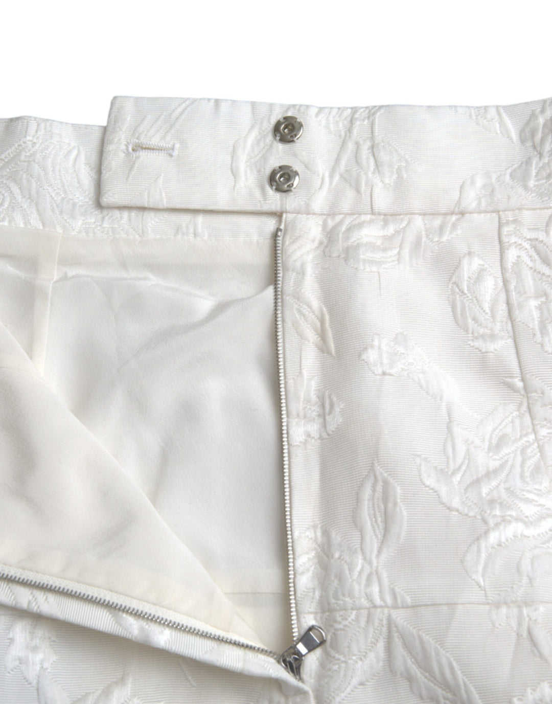 White floral brocade mini skirt with embellishments