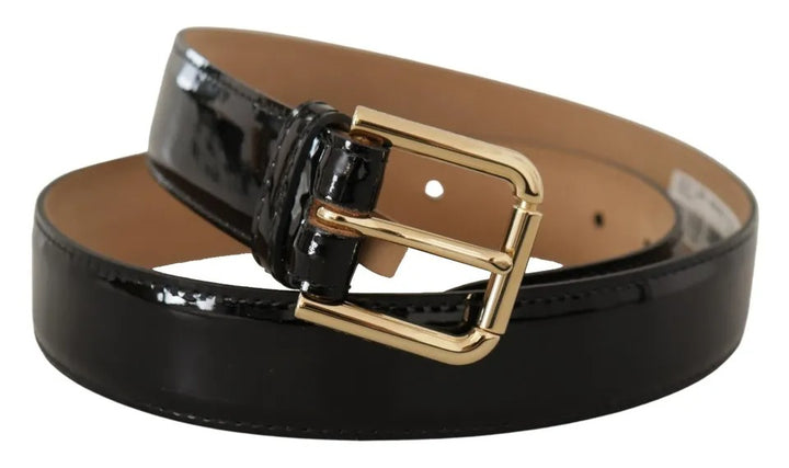 Schwarzes Leder Gold Metall Logo gravierte Schnalle Gürtel