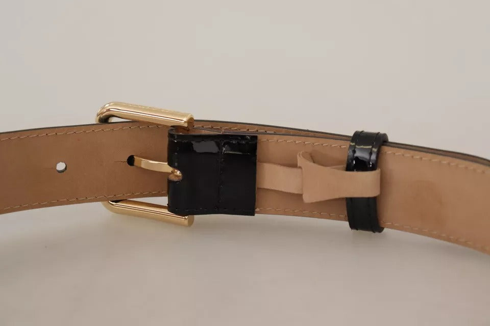 Schwarzes Leder Gold Metall Logo gravierte Schnalle Gürtel