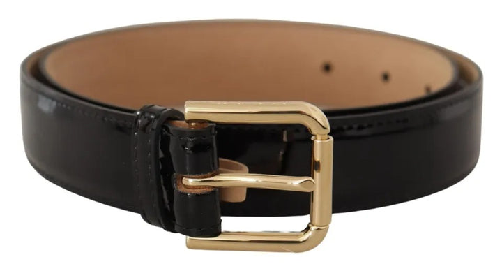 Schwarzes Leder Gold Metall Logo gravierte Schnalle Gürtel