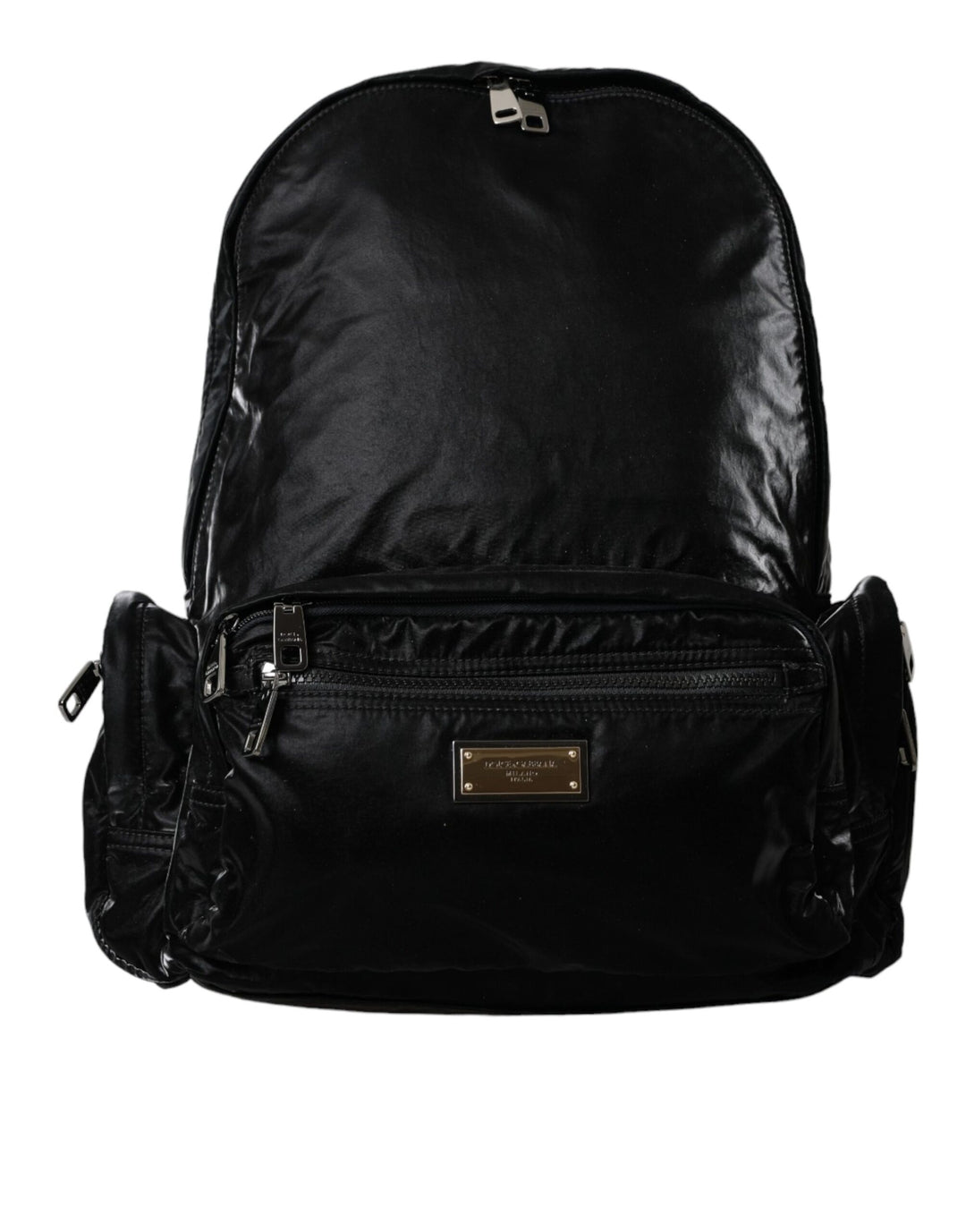 Black patent leather logo plaque backpack bag