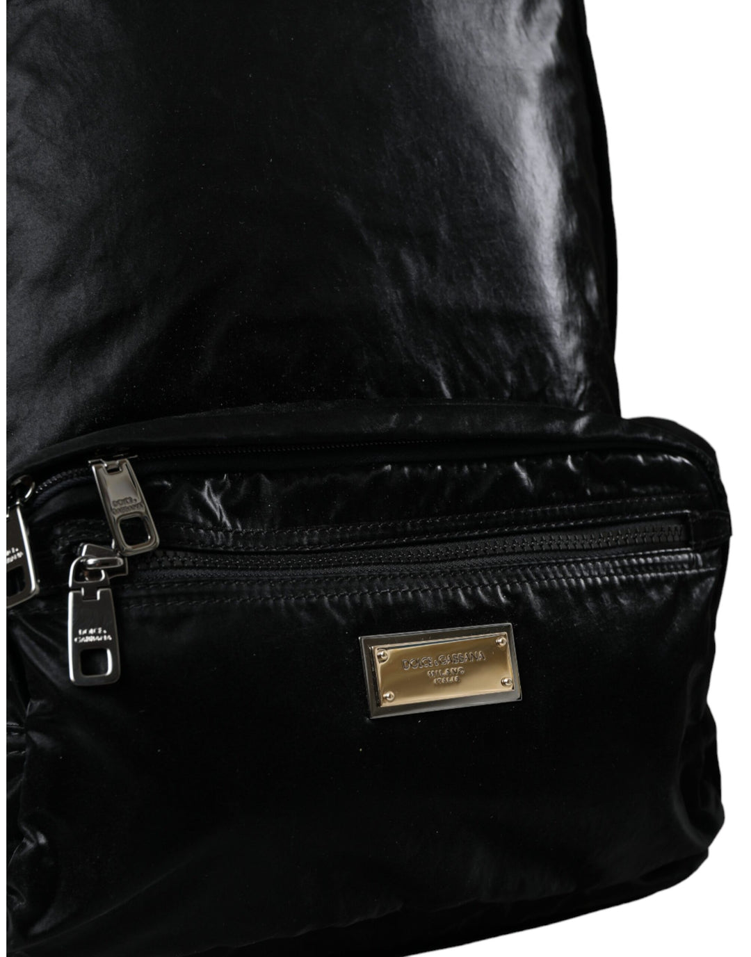 Black patent leather logo plaque backpack bag