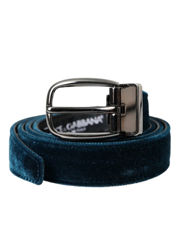Blue velvet leather belt with silver metal buckle