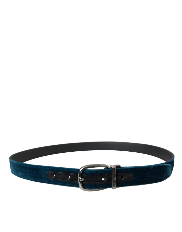 Blue velvet leather belt with silver metal buckle