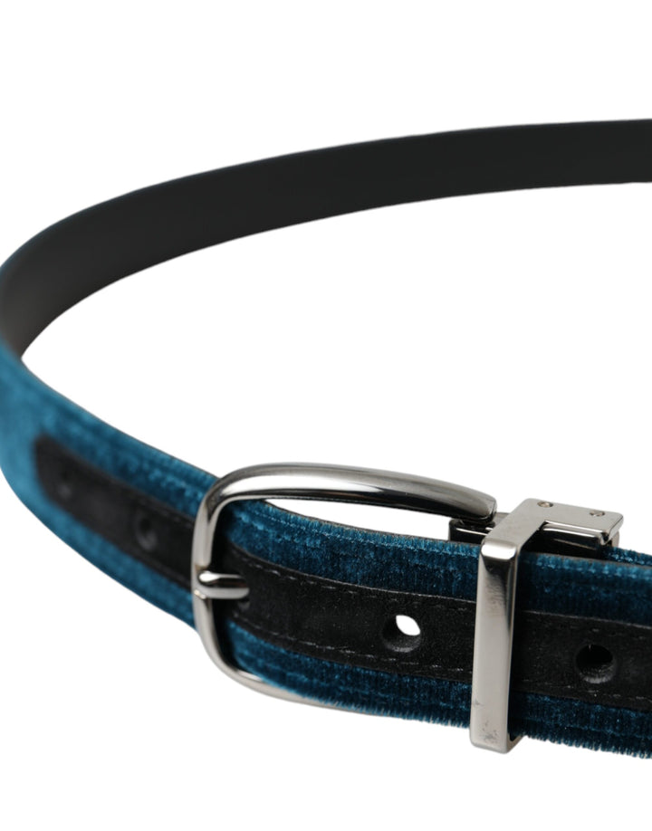 Blue velvet leather belt with silver metal buckle