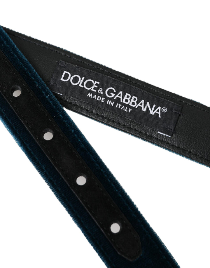 Blue velvet leather belt with silver metal buckle