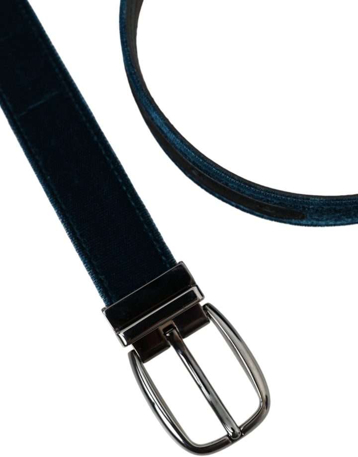 Blue velvet leather belt with silver metal buckle