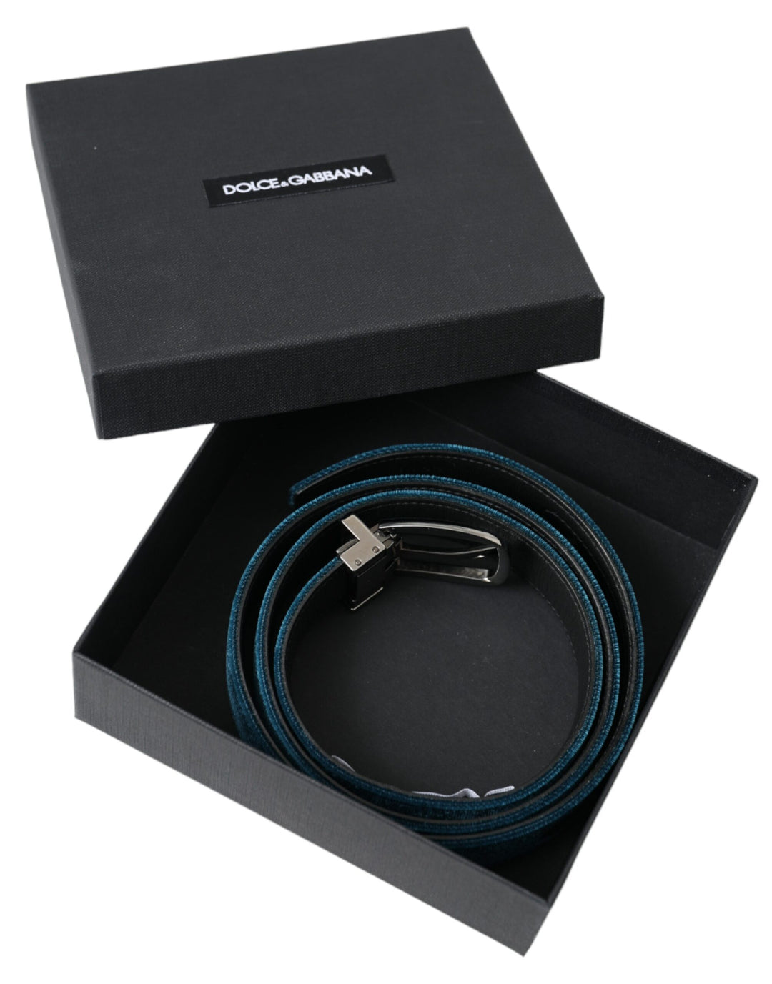 Blue velvet leather belt with silver metal buckle