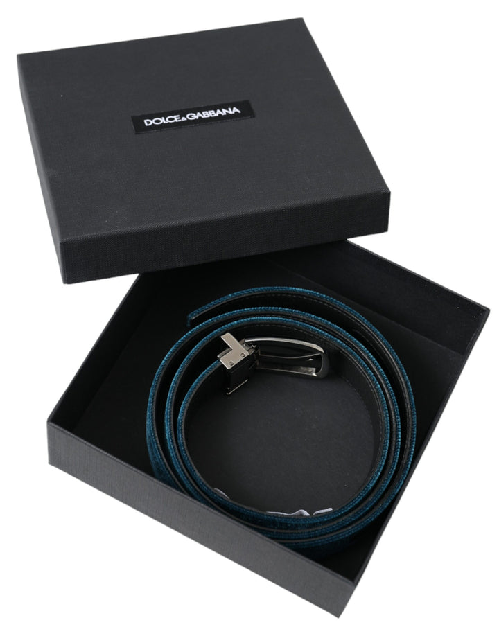 Blue velvet leather belt with silver metal buckle
