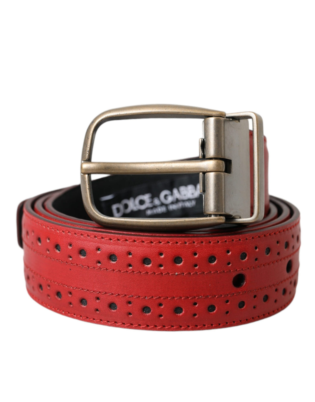 Red perforated leather metal buckle belt men