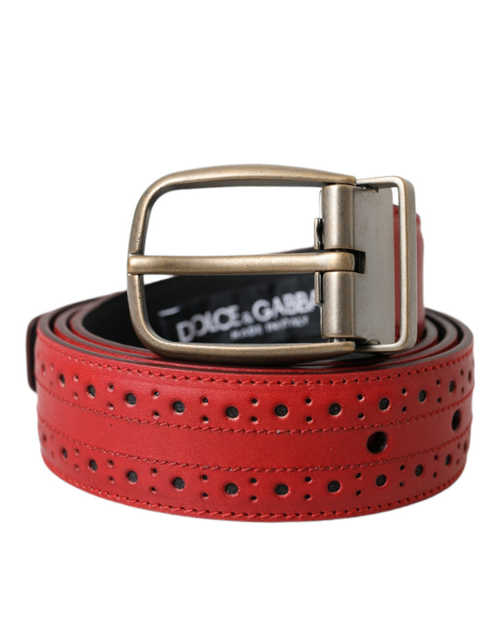 Red perforated leather metal buckle belt men