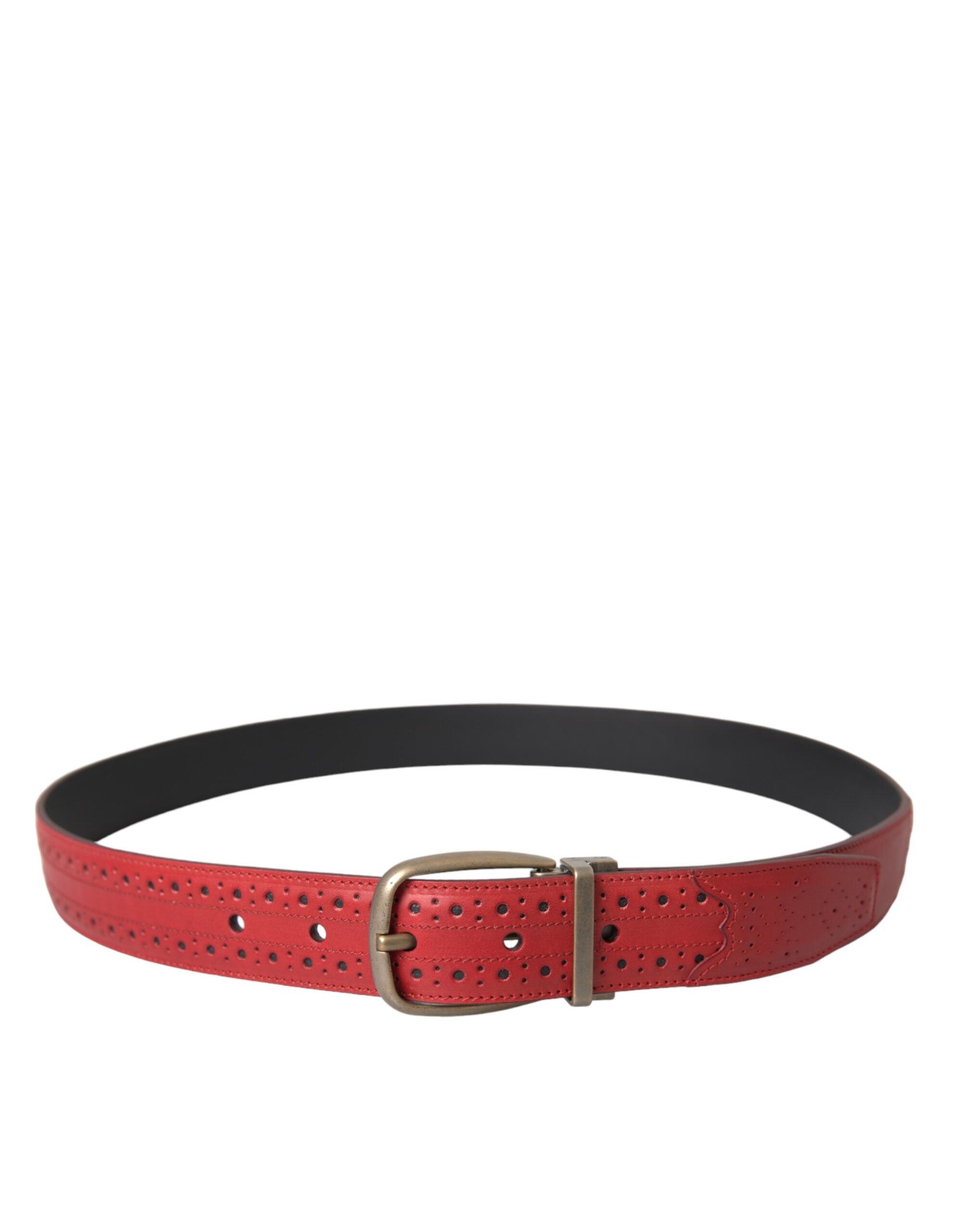 Red perforated leather metal buckle belt men